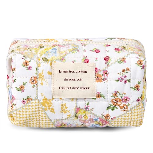 Sminra Floral Makeup Bag Small Cotton Quilted Cosmetic Bag Organizer, Aesthetic Cottagecore Preppy Portable Pouch Purse Toiletry Bag for Women Girls Travel accessories (Beige Floral-S) - Image 1