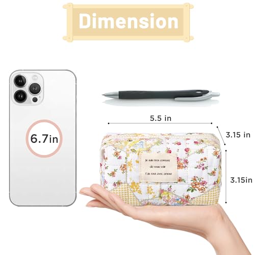 Sminra Floral Makeup Bag Small Cotton Quilted Cosmetic Bag Organizer, Aesthetic Cottagecore Preppy Portable Pouch Purse Toiletry Bag for Women Girls Travel accessories (Beige Floral-S) - Image 3