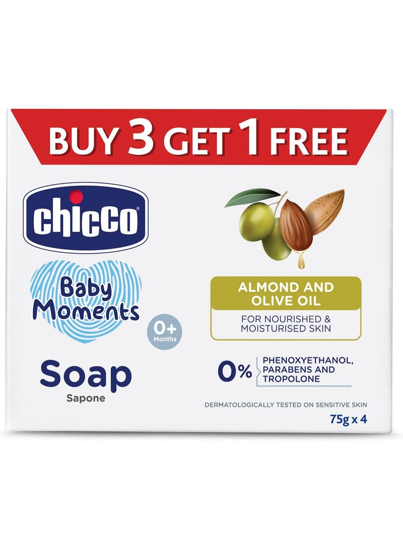 Chicco Baby Moments Soap, New Advanced Formula with Natural Ingredients, Suitable for Baby’s Gentle Skin, Moisturizing & Hydrating Formula, No Phenoxyethanol and Parabens (75g 3 + 1)