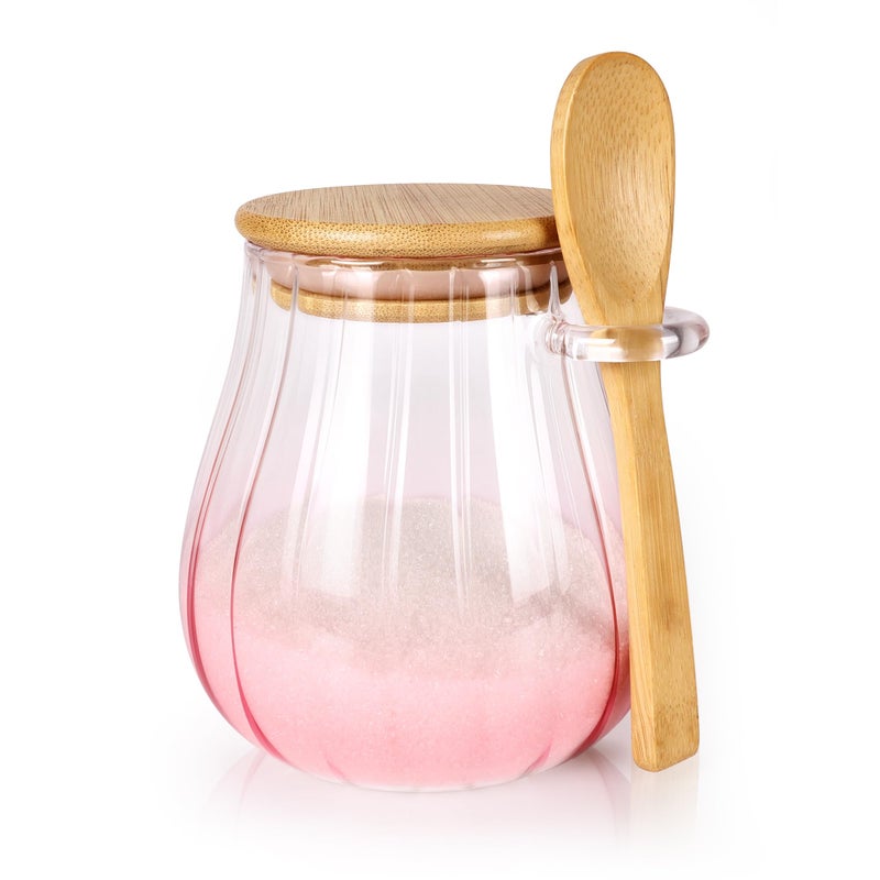 Arrozon 15 oz Pink Sugar Bowl with Bamboo Lid and Spoon,Pink Kitchen Decor and Accessories,Glass Jar with Airtight Lid, Brown Sugar Keeper, Sugar Container for Coffee Bar and office - Image 1
