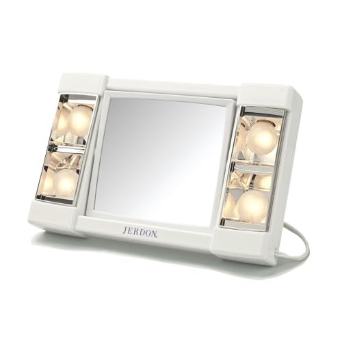 JERDON Two-Sided Makeup Mirror with Lights - Vanity Mirror with 3X Magnification & Glare-Free Lighting - White Base - Model J1010