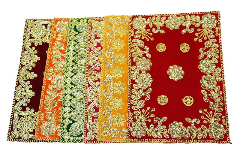Reliable Multicolour Puja Assan Velvet Puja ClothPuja AasanPuja Chowki Assan Fancy Velvet Puja Altar Cloth for Pooja Home Mandir Temple and Pooja Ghar Size 10 13 Inch Pack of 6 - Image 1