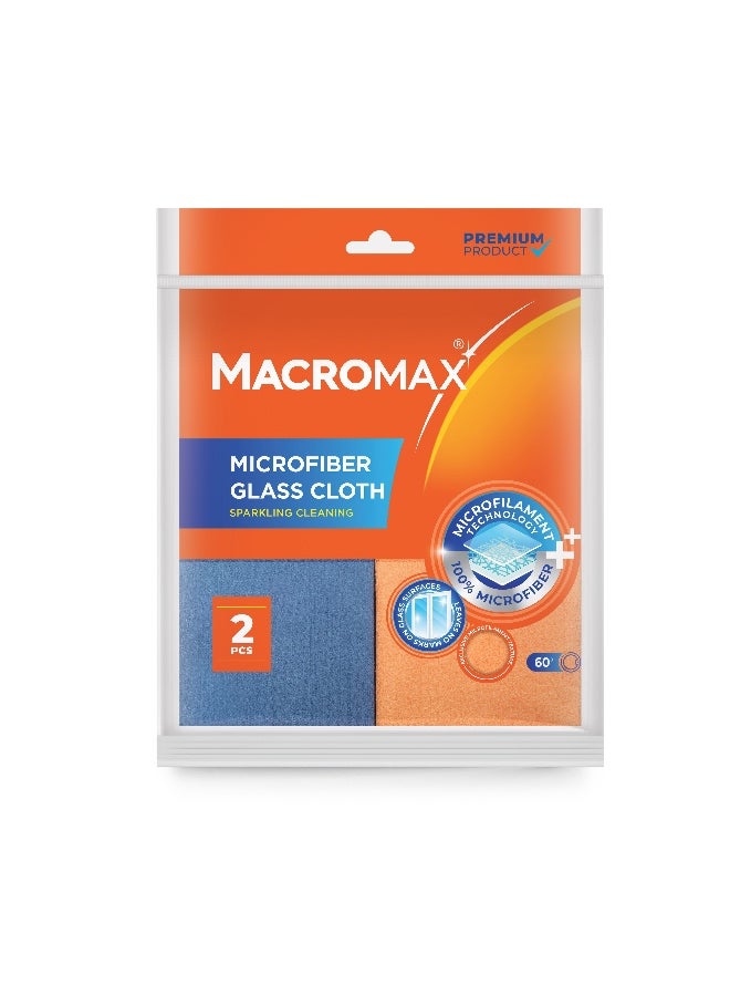 Macromax مجموعة ماكروماكس من قطعتين من قماش تنظيف الزجاج المصنوع من الألياف الدقيقة بتقنية الخيوط الدقيقة، قماش مقاوم للبقع ولا يترك علامات على المرايا - Image 1