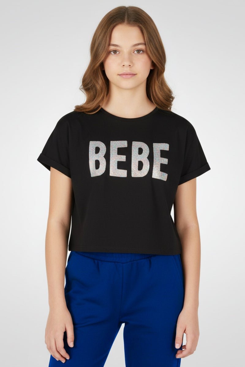bebe Kids Girl Crew Neck Short Sleeve Sequin Detail Top, Black - Image 1