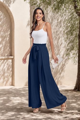 Lepunuo Women's Wide Leg Pants High Elastic Waisted Business Work Trousers Long Straight Suit Pants for Summer A - Navy Blue - Image 3