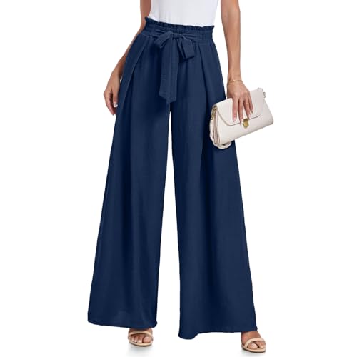 Lepunuo Women's Wide Leg Pants High Elastic Waisted Business Work Trousers Long Straight Suit Pants for Summer A - Navy Blue - Image 1