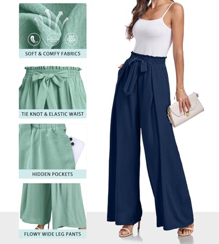 Lepunuo Women's Wide Leg Pants High Elastic Waisted Business Work Trousers Long Straight Suit Pants for Summer A - Navy Blue - Image 2
