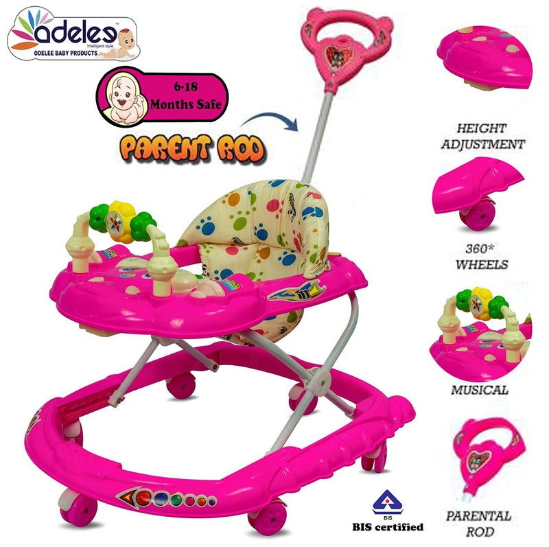 DELEE ODELEE Musical Activity Baby Walker 111 with Music & Parent Handel Rod & Adjustable Height for Kids (Pink) - Image 2