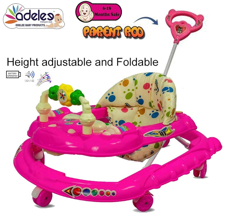 DELEE ODELEE Musical Activity Baby Walker 111 with Music & Parent Handel Rod & Adjustable Height for Kids (Pink) - Image 3
