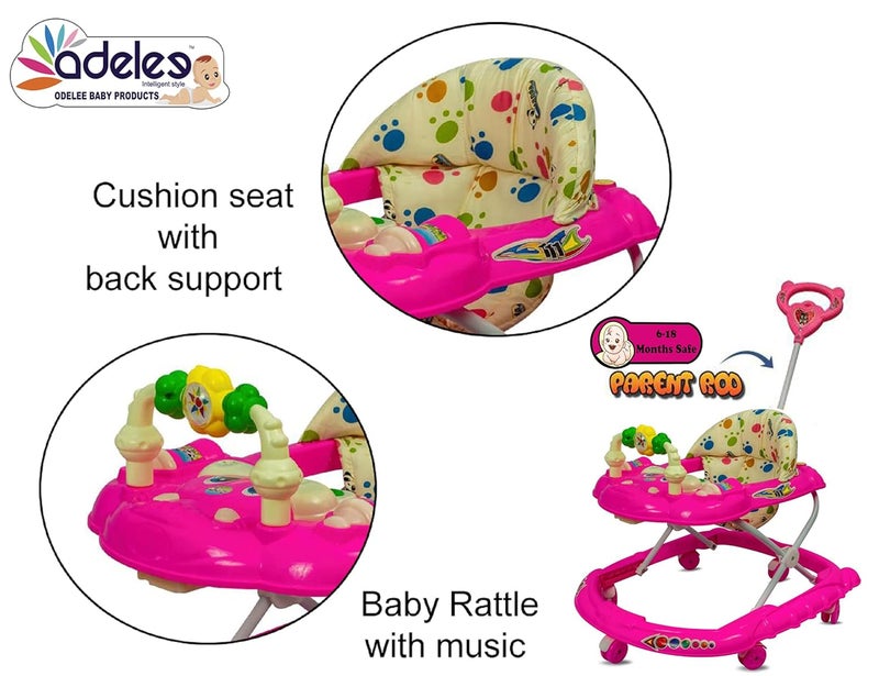 DELEE ODELEE Musical Activity Baby Walker 111 with Music & Parent Handel Rod & Adjustable Height for Kids (Pink) - Image 4