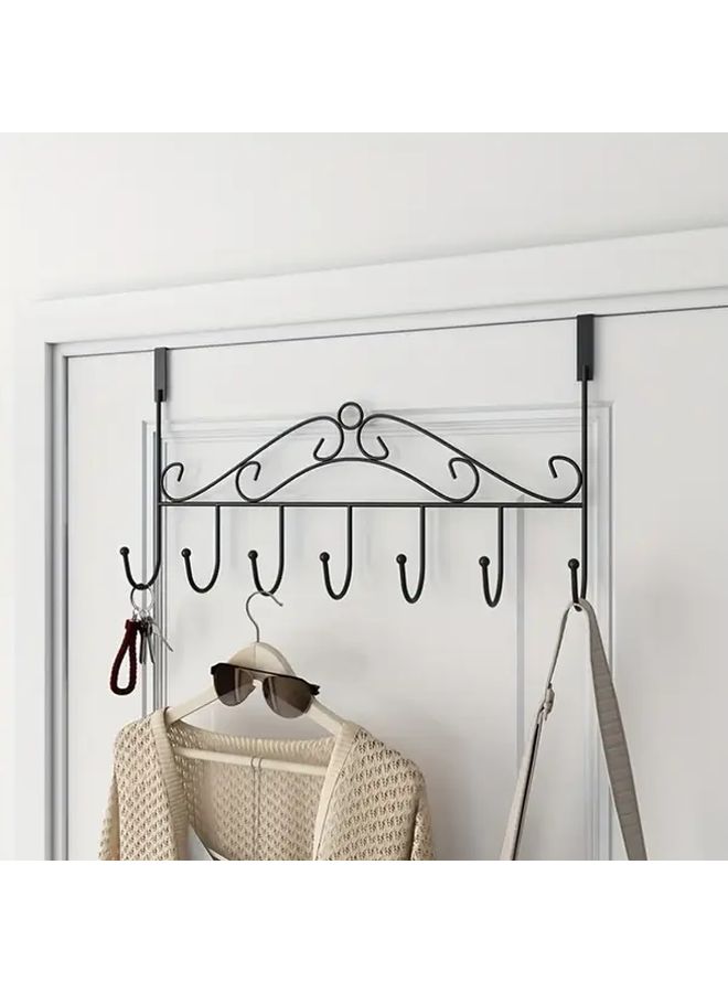 Black 7 Hook Over Door Hanger No Drill Metal Bathroom Organizer - Image 1