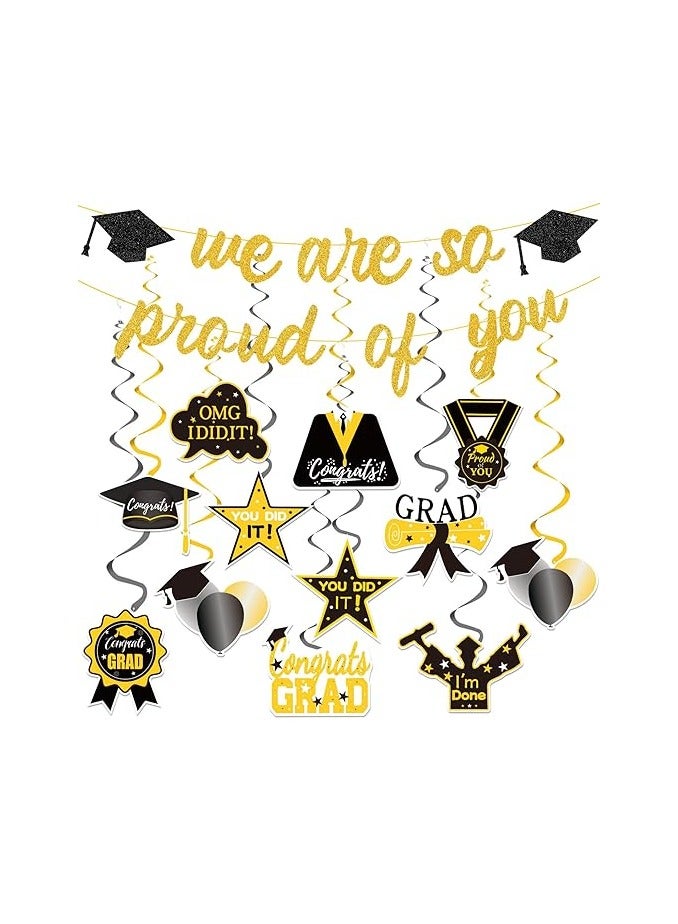 31PCS We are So Proud of You Banner, Glitter Graduation Banner Garland with 12pcs Black and Gold Hanging Swirl Decorations, Graduation Decorations Class of 2024 Banner, Congrats Grad Banner 2024