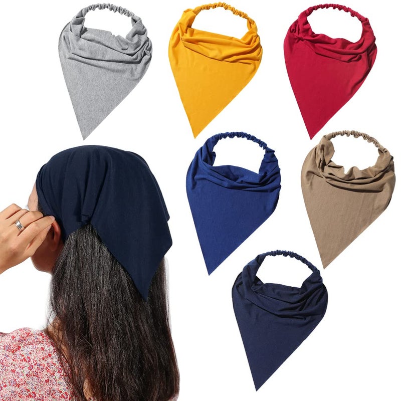 6 Pack Hair Scarf Headband for Women Elastic Hair Kerchief Large Boho Triangle Bandana Head Scarf with Clips Non Slip Solid Color Headbands Hair Scarves for Teen Girls