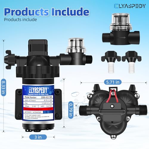 Elyaspedy 2026 Upgraded 2088-422-144 RV Fresh Water Pump,12V 3.3GPM Self-Priming Diaphragm Water Pump,45PSI,Includes Pressure Switch and Detachable Filters,No Noise, for RV, Marine, Yacht, Caravan - Image 2