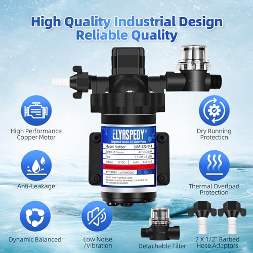 Elyaspedy 2026 Upgraded 2088-422-144 RV Fresh Water Pump,12V 3.3GPM Self-Priming Diaphragm Water Pump,45PSI,Includes Pressure Switch and Detachable Filters,No Noise, for RV, Marine, Yacht, Caravan - Image 4