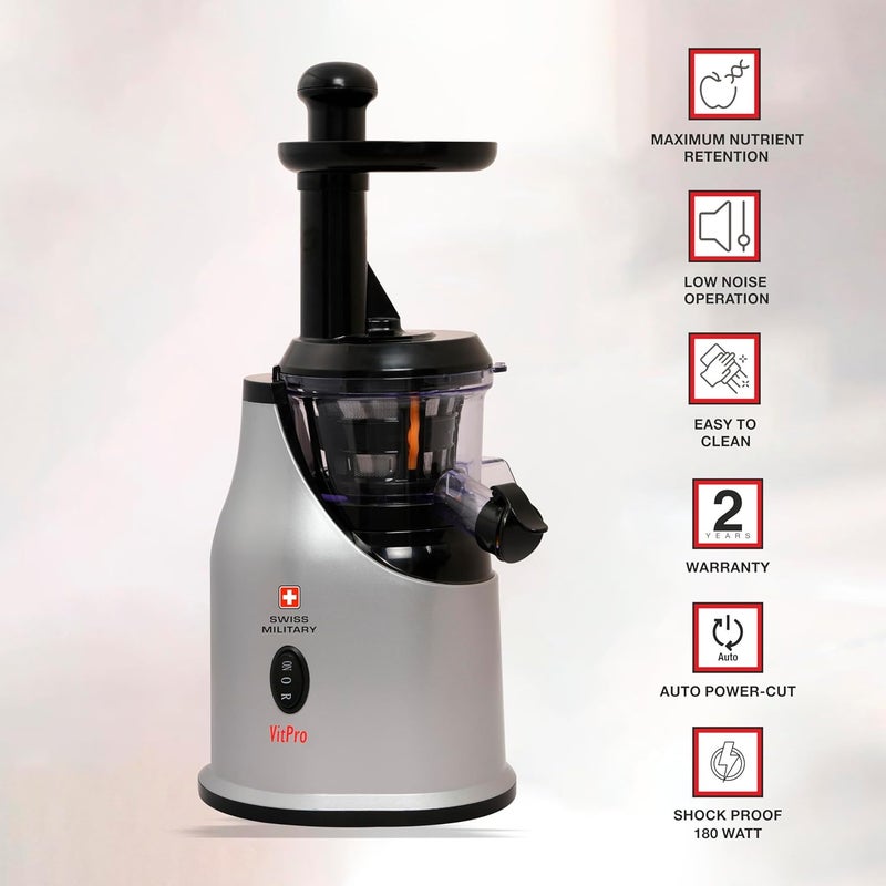 SWISS MILITARY Swiss Military VITPRO Slow Juicer Mixer Maximum Nutrient Retention Low Noise Operation Easy To Clean 180 Watts Black  - Image 2