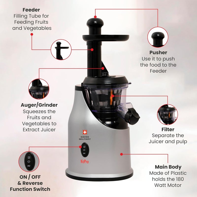 SWISS MILITARY Swiss Military VITPRO Slow Juicer Mixer Maximum Nutrient Retention Low Noise Operation Easy To Clean 180 Watts Black  - Image 5