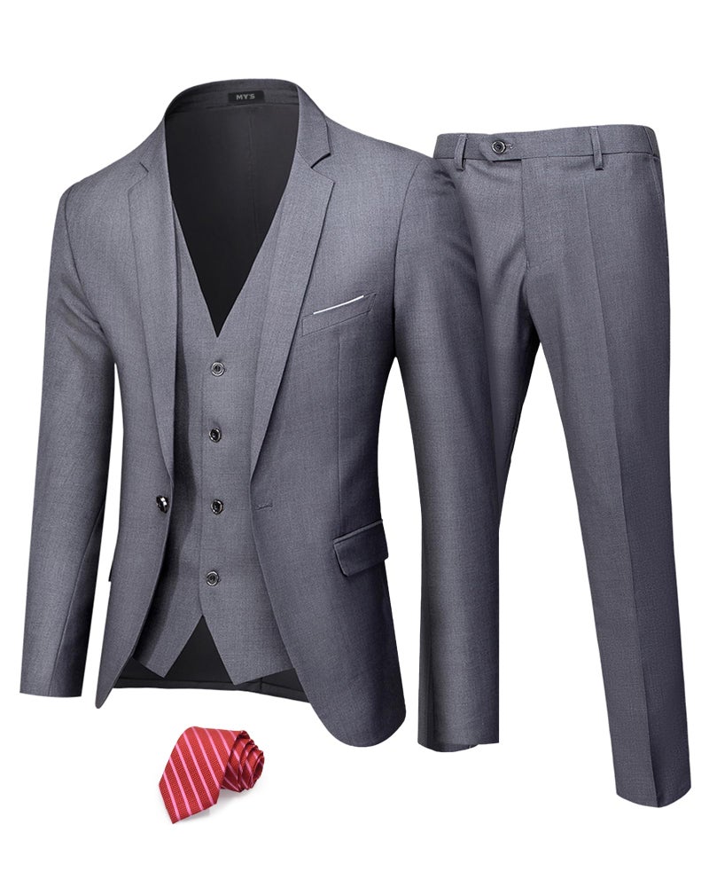 MYS Mens 3 Piece Suit Set with Tie One Button Slim Fit Jacket Vest Pants Party Wedding Prom Blazer Waistcoat Trousers Dark Grey Small