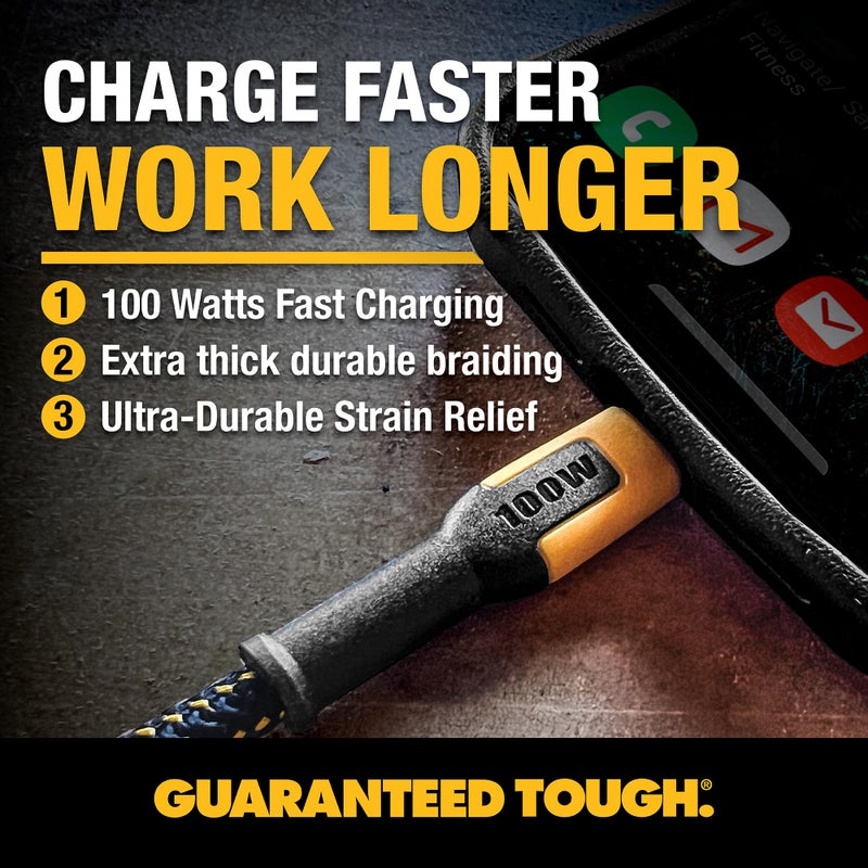 DEWALT Heavy Duty 100W USB C Cable, Jobsite 100 Watt USB C Cable, High Speed Type-C to Type-C, Fast Charge PD USBC Fast Charging Cord for iPhone 17/16/15 Plus Pro Max MacBook iPad Samsung Galaxy, 4 ft - Image 2