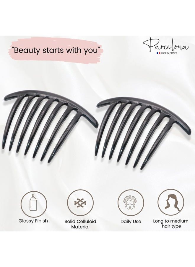 Parcelona French Twist 7 Teeth Large 4" Celluloid Set of 2 Flexible Durable Side Hair Comb No Slip Styling Women Hair Accessories Girls Hair Clip, Made in France (Black) - Image 2
