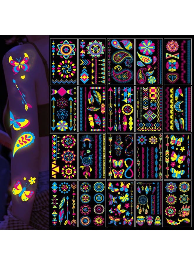 Maripabon Neon Temporary Tattoos 20 Large Sheets Glitter Styles Flower Mandala Butterfly Feather Glow In The UV Neon Tattoos Stickers Fake Waterproof Tattoos for Adults Kids Party Decoration - Image 1