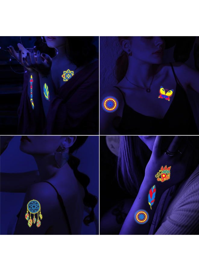 Maripabon Neon Temporary Tattoos 20 Large Sheets Glitter Styles Flower Mandala Butterfly Feather Glow In The UV Neon Tattoos Stickers Fake Waterproof Tattoos for Adults Kids Party Decoration - Image 2