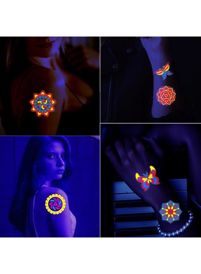 Maripabon Neon Temporary Tattoos 20 Large Sheets Glitter Styles Flower Mandala Butterfly Feather Glow In The UV Neon Tattoos Stickers Fake Waterproof Tattoos for Adults Kids Party Decoration - Image 3