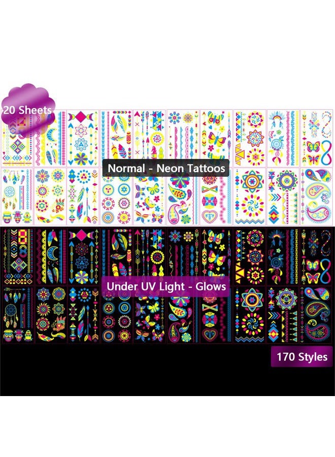 Maripabon Neon Temporary Tattoos 20 Large Sheets Glitter Styles Flower Mandala Butterfly Feather Glow In The UV Neon Tattoos Stickers Fake Waterproof Tattoos for Adults Kids Party Decoration - Image 5