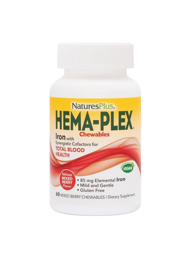 NaturesPlus Natures Plus Hema-Plex Iron - 60 Mixed Berry Chewables - 85 mg Elemental Iron - Total Blood Health - with Vitamin C & Bioflavonoids - Vegan, Gluten Free - 20 Servings - Image 1