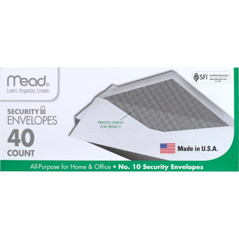 Mead #10 Envelopes, Security Printed Lining for Privacy, Gummed Closure, All-Purpose 20-Ib Paper, 4-1/8" x 9-1/2", White, 40 Letter Size Envelopes per Box (75214) - Image 1