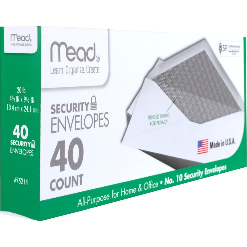 Mead #10 Envelopes, Security Printed Lining for Privacy, Gummed Closure, All-Purpose 20-Ib Paper, 4-1/8" x 9-1/2", White, 40 Letter Size Envelopes per Box (75214) - Image 2