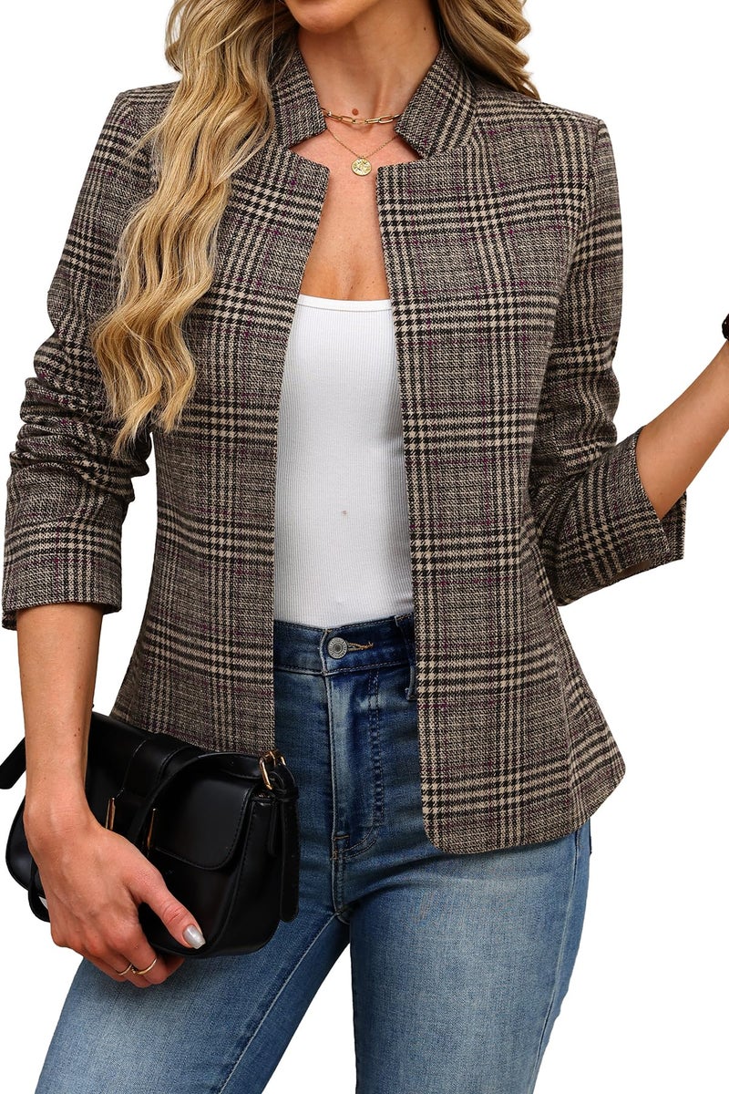 ELLEVEN Plaid Blazer for Women Tweed Fashion Trendy Boyfried Outfits for Work Business Casual Notch Collar Long Sleeve Houndstooth Suit Slim Fit Jacket Coat Black Pupple Plaid Large - Image 1