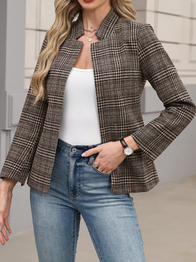 ELLEVEN Plaid Blazer for Women Tweed Fashion Trendy Boyfried Outfits for Work Business Casual Notch Collar Long Sleeve Houndstooth Suit Slim Fit Jacket Coat Black Pupple Plaid Large - Image 3