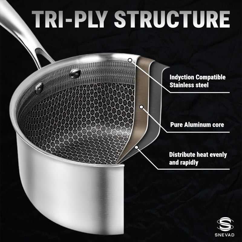 Snevad Stainless Steel Round Saucepan with Handle Ramen Pot Milk Cheese Pot Egg Frying Pan Pouring Oil Pans Honeycomb Soup Pot NonStick Steaming Stove Home Kitchen Cooking Pot Dishwasher Oven Safe - Image 3