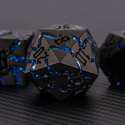 Maywin Cracked Rune Metal Dice Set for DND RPG Dark Fantasy Fractured Design Premium Heavy Metal Polyhedral Dice with Deep Engraved Numbers 7Piece Set Blue Arcane Vein - Image 5