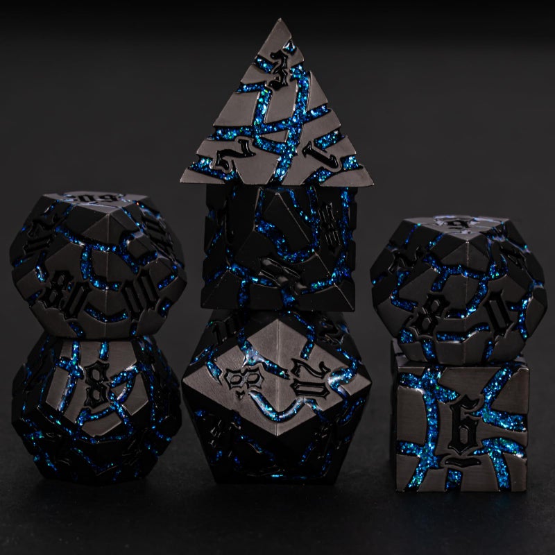 Maywin Cracked Rune Metal Dice Set for DND RPG Dark Fantasy Fractured Design Premium Heavy Metal Polyhedral Dice with Deep Engraved Numbers 7Piece Set Blue Arcane Vein - Image 3
