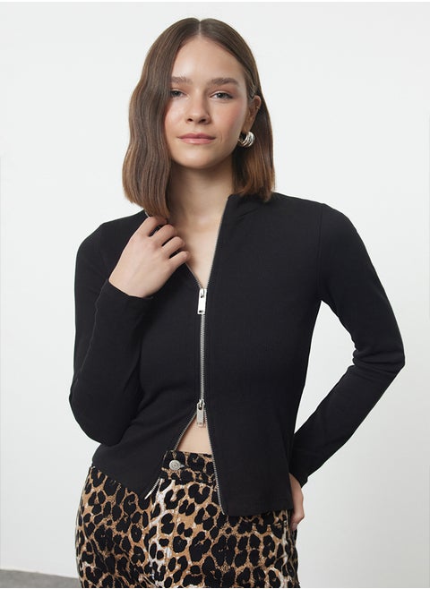 Black Zipper Collar Slim/Fitting Regular/Normal Length Knitted Blouse TWOAW25BZ00176