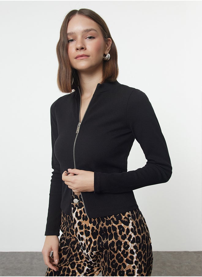 Black Zipper Collar Slim/Fitting Regular/Normal Length Knitted Blouse TWOAW25BZ00176