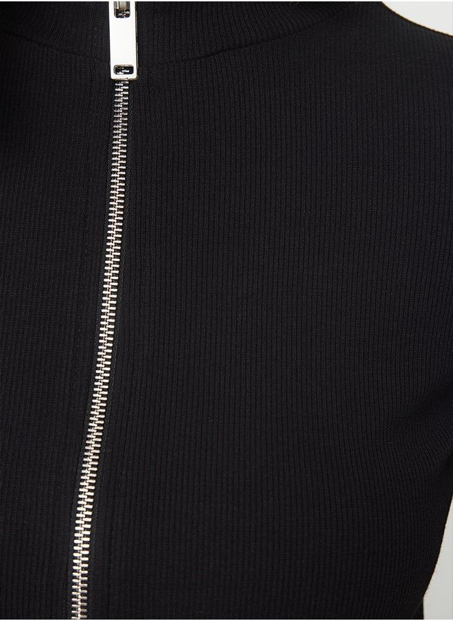 Black Zipper Collar Slim/Fitting Regular/Normal Length Knitted Blouse TWOAW25BZ00176