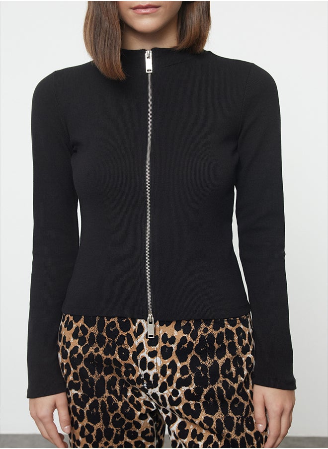 Black Zipper Collar Slim/Fitting Regular/Normal Length Knitted Blouse TWOAW25BZ00176