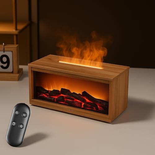 Docoss Charcoal Aroma Diffuser for Home Electric with 7 Colors, Aromatherapy Essential Oil Fragrance Diffuser & Fireplace Flame Diffuser with Remote for Home, Bedroom (Wooden Brown) - Image 1