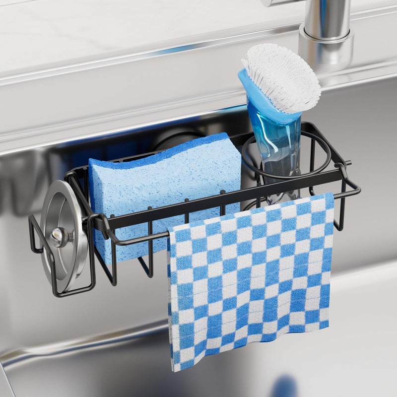 TAILI 4in1 Sink Caddy with Strong Suction Cup Sponge Holder for Kitchen Sink Organizer Removable Rustproof Stainless Steel Holder for Sponge Brush Scrubber Scraper Black - Image 2