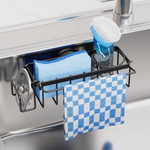 TAILI 4in1 Sink Caddy with Strong Suction Cup Sponge Holder for Kitchen Sink Organizer Removable Rustproof Stainless Steel Holder for Sponge Brush Scrubber Scraper Black - Image 1