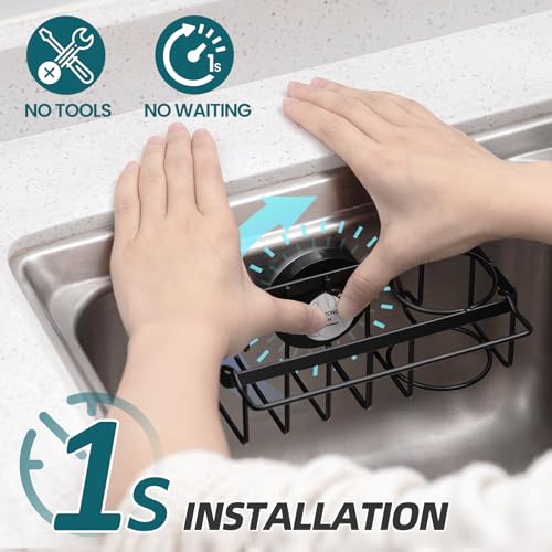 TAILI 4in1 Sink Caddy with Strong Suction Cup Sponge Holder for Kitchen Sink Organizer Removable Rustproof Stainless Steel Holder for Sponge Brush Scrubber Scraper Black - Image 3