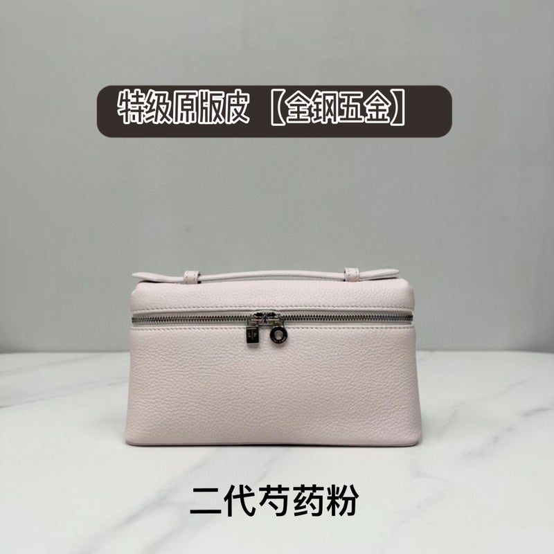 Original Leather LP19 Lunch Box Bag Head Layer Cowhide Gigi Same Box Bag Shoulder Portable Crossbody Cosmetic Bag Women Peony powder second generation silver buckle