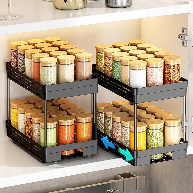 DABIGE Pull Out Spice Rack Organizer for Cabinet, 2 Pack Widen Slide Out Spice Racks Organizer, Spice Cabinet Organizers, Cabinet Size Need:12'' Highx11'' Deepx6.75'' Wide,Hold 15 Spice Jar Each Tier-2Tier - Image 1