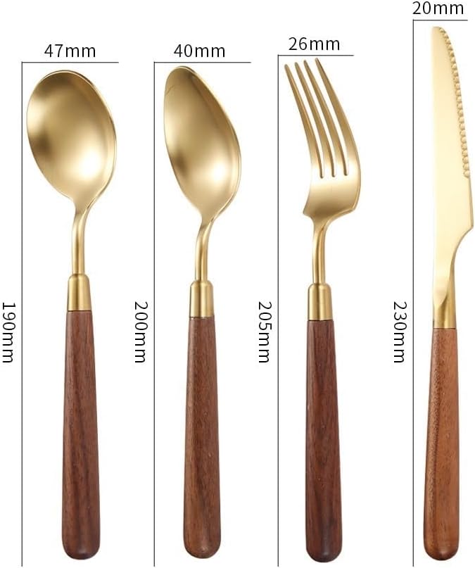 Cutlery Set, 4/16/24/32 Pieces Wooden Handle 304 Stainless Steel Steak Knife, Fork and Spoon Restaurant Household Tableware Knife and Fork Set, Cutlery Flatware Set,Gold-6Set-24Pcs - Image 2