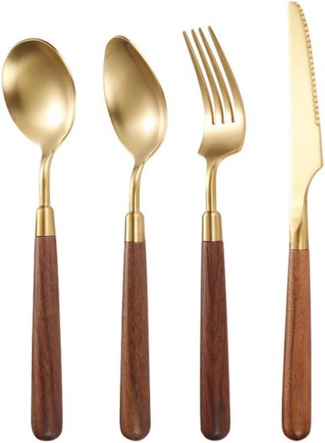 Cutlery Set, 4/16/24/32 Pieces Wooden Handle 304 Stainless Steel Steak Knife, Fork and Spoon Restaurant Household Tableware Knife and Fork Set, Cutlery Flatware Set,Gold-6Set-24Pcs - Image 1