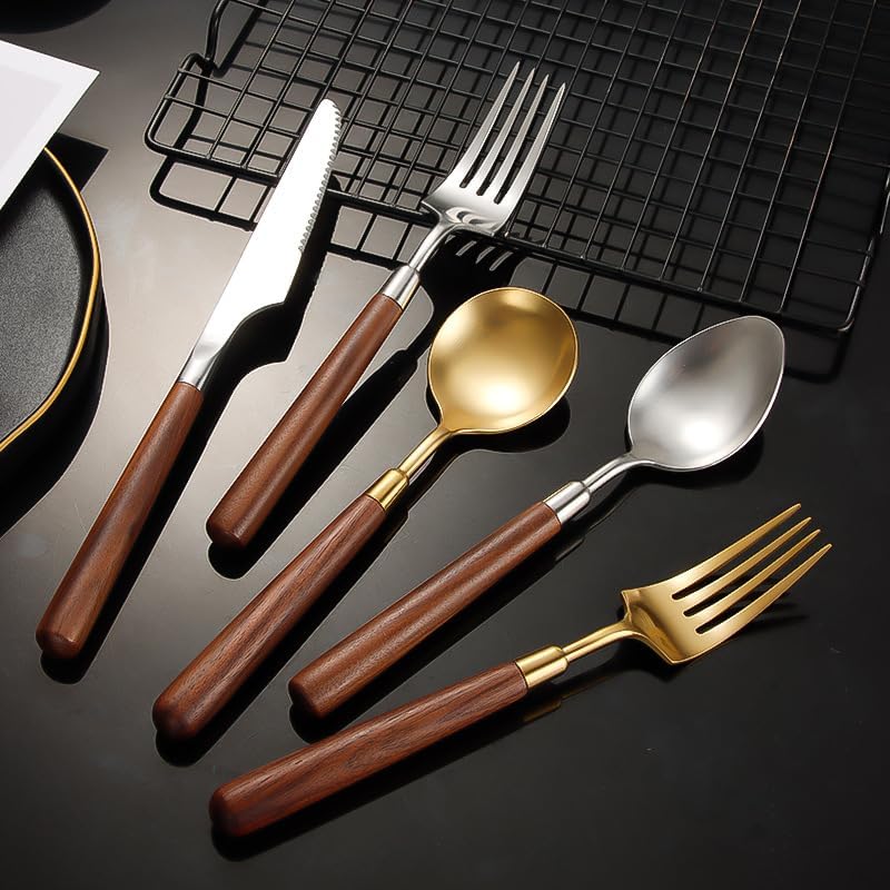 Cutlery Set, 4/16/24/32 Pieces Wooden Handle 304 Stainless Steel Steak Knife, Fork and Spoon Restaurant Household Tableware Knife and Fork Set, Cutlery Flatware Set,Gold-6Set-24Pcs - Image 5