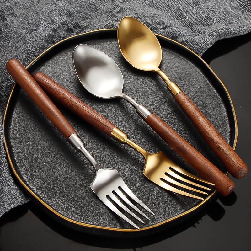 Cutlery Set, 4/16/24/32 Pieces Wooden Handle 304 Stainless Steel Steak Knife, Fork and Spoon Restaurant Household Tableware Knife and Fork Set, Cutlery Flatware Set,Gold-6Set-24Pcs - Image 4